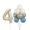 Close-up of cream number 4 foil balloon with sage green and blue latex balloon set - Number 4 Combo Set
