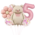 5th birthday party balloon set with teddy bear, pink number five and flower decoration - Retro Matte Bear Set (5 Years Old)