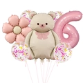 Detail of pink number 6 balloon with beige bear and floral party decorations - Retro Matte Bear Set (6 Years Old)