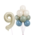 Detail of cream, bean green, and blue balloons with champagne gold number 9 foil balloon - Number 9 Combo Set