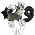 Détail d'un kit de ballons de fête pour chien avec corgi et grand chiffre neuf - Ensemble Husky Numéro 9