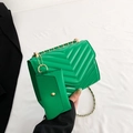 Green V-quilted small square crossbody bag with gold chain strap and matching card pouch - Green
