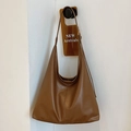 Caramel brown large PU leather tote bag with center vertical stitching and shoulder strap - Brown