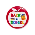 Detailed close-up of a vibrant red Back to School button badge with school supplies graphics - Back To School Apple Style