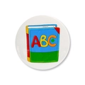 Detailed view of back-to-school tinplate badge with colorful ABC book illustration - ABC Books Style