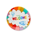 Detailed view of colorful Welcome back to school round badge with rainbow stripes - Welcome Cloud Style