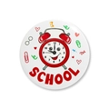 Detail of school themed badge with red alarm clock and school text on white surface - School Alarm Clock Style