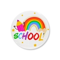 Close-up of circular back to school badge with colorful rainbow and pencil design - Rainbow Pencil Style