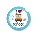 Close-up of Back to School button badge with yellow school bus and I Love School text - Yellow School Bus Style