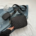 Black quilted crossbody bag with adjustable wide strap and small detachable coin purse - Black