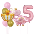 Kit ballon chiffre 5 rose avec dinosaure à couronne pour déco anniversaire fille 5 ans - Ensemble Dinosaure Couronne Rose 5 (Chiffre 5)