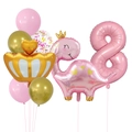 Détail du kit ballon chiffre 8 rose et dinosaure à couronne pour fête d'anniversaire - Ensemble Dinosaure Couronne Rose 8 (Chiffre 8)