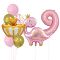 Kit de ballons dinosaure rose avec couronne dorée pour fête de 9ème anniversaire - Ensemble Dinosaure Couronne Rose 9 (Chiffre 9)
