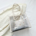 Translucent frosted tote bag with colorful beads and beige leather handles - White