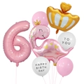 Set palloncini 6° compleanno dinosauro rosa con corona dorata e numeri in alluminio - Set Dinosauro Corona Compleanno Numero 6