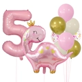 Pink dinosaur balloon set with golden crown and large number 5 for girl's 5th birthday - Number 5