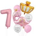 Dettaglio del set di palloncini con dinosauro rosa, numero 7 e corona dorata - Set Dinosauro Corona Compleanno Numero 7
