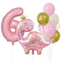 Pink crown dinosaur balloon set with a 32-inch number 6 balloon for girls' 6th birthday - Number 6