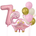 Detail of pink crown dinosaur and number 7 foil balloon set for girl's 7th birthday party - Number 7
