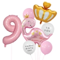 Dettaglio del set palloncini rosa numero 9 e dinosauro per festa di 9° compleanno - Set Dinosauro Corona Compleanno Numero 9