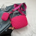 Rose red 2-in-1 crossbody bag with V-quilted pattern and a small round coin purse - Rose Red