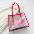 Transparent PVC tote bag with magenta leather trim and colorful crystal rhinestones - Rose Pink