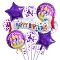 Close-up of purple Happy Birthday balloon set with star shapes and sequin latex balloons - Purple