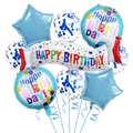 Detail view of blue star foil balloons and rainbow Happy Birthday banner set - Holographic Blue
