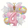 Close-up of 4th birthday balloon set with pink butterfly and donut patterns - Fourth Birthday Set (Matte Butterfly Set Four)