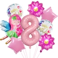 Ensemble détaillé de ballons fée roses incluant le chiffre 8, étoiles et fleurs - Set de Fée 8ème Anniversaire (8)