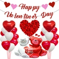 Valentine's Day balloon set with teddy bears, heart balloons and a red glitter banner - Valentine Hugging Bear Rose Set