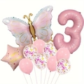 Rosa Schmetterling Ballon-Set mit Nummer 3 und Happy Birthday Stern für Mädchen - 3. Geburtstag Schmetterling Set