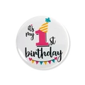Cartoon tinplate 1st birthday badge for kids featuring party hat and bunting decor - 1st Birthday