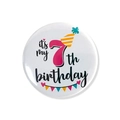 Detail of 7th birthday badge with pink number seven and colorful party hat design - 7th Birthday