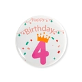 Détail du badge rose Happy Birthday avec chiffre 4 et couronne pour fête de 4ème anniversaire - Chiffre 4 / 58mm Taille Unique