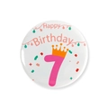 Détail du badge d'anniversaire blanc en fer-blanc avec chiffre 7 rose et motif couronne - Chiffre 7 / 58mm Taille Unique