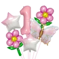 Pink number one foil balloon set with daisy flower and butterfly for girl first birthday - Number 1 Set