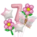 Detailed set of butterfly and daisy foil balloons for girl 7th birthday party decor - Number 7 Set