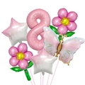 Pink butterfly and flower foil balloon set with number 8 for birthday party decoration - Number 8 Set