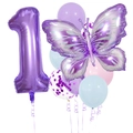 Detail showing purple butterfly and number 1 foil balloons for girls' birthday party - Purple Butterfly Balloon Number 1 Style (hd005)