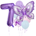 Nahaufnahme von lila Schmetterlings- und Nummer 7 Folienballons mit buntem Latex-Set - Lila Schmetterling Ballon Nummer 7 Stil (hd005)