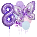Detailaufnahme der lila 40-Zoll-Zahl 8 Ballon mit Schmetterling und Latex-Ballonset - Lila Schmetterling Ballon Nummer 8 Stil (hd005)