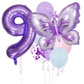 Detail von lila Zahl 9 Ballon mit Schmetterling und bunten Latex-Partyballons - Lila Schmetterling Ballon Nummer 9 Stil (hd005)