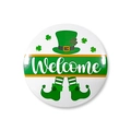 Close-up of Saint Patrick's Day tinplate badge with clover gnome and Welcome text - Welcome Shamrock Style (sptlk001-3)