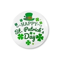 Close-up of Saint Patrick's Day tin badge featuring a green hat and shamrock design - Happy St Patrick Style (sptlk001-4)