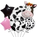 Detail view of a cow themed party set featuring a large number 6 and cow head balloon - Cartoon Cow Balloon Set 6