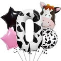 Close-up of a 5-piece cow print balloon set with a number zero and star shapes - Cartoon Cow Balloon Set 0