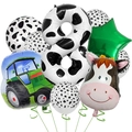 Farm party balloon set featuring cow print number 8, green tractor and cute cow head - Cow Farm Balloon Set 8 (nn002)