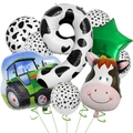 Detail of 9th birthday farm party set with cow print balloons and green tractor - Cow Farm Balloon Set 9 (nn002)
