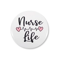 Macro detail of Nurse Life tinplate badge with heartbeat rhythm and pink heart graphics - Nurse Life (Style 12)